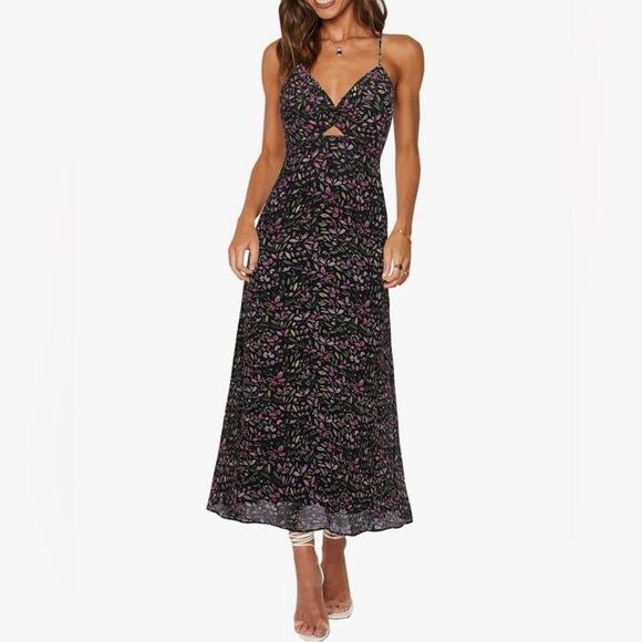 ZAFUL Women's Spaghetti Strap Floral Summer Hollow Twist Front Maxi Dresses Sexy - Picture 6 of 12